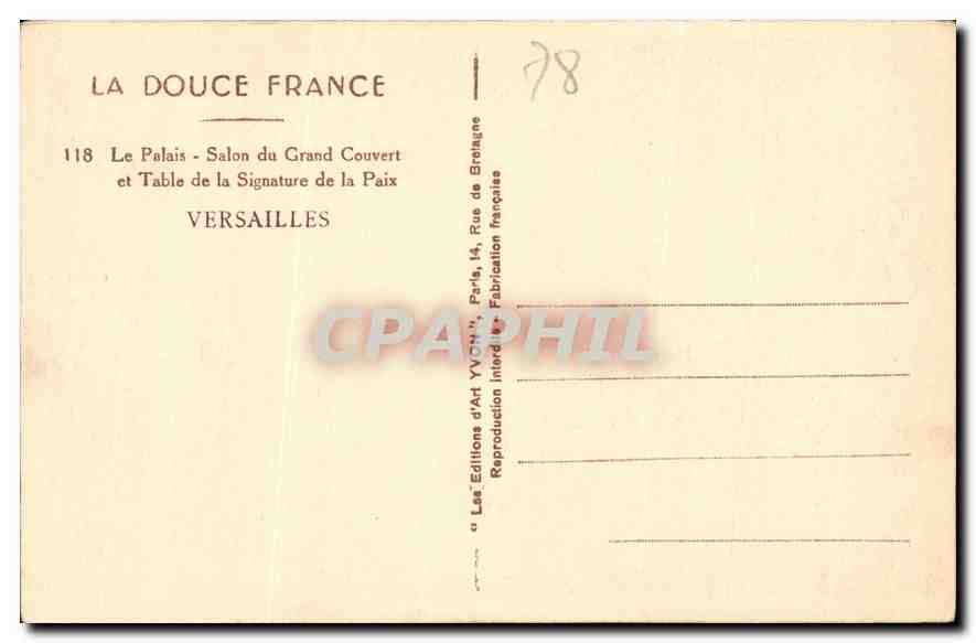 CPA La Douce France le Palais Salon du Grand Couvert et Table de la Singnature de la Paix Versailles — Verso