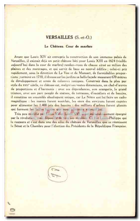 CPA Versailles Seine & Oise Le Chateau Cour de Marbre  — Verso