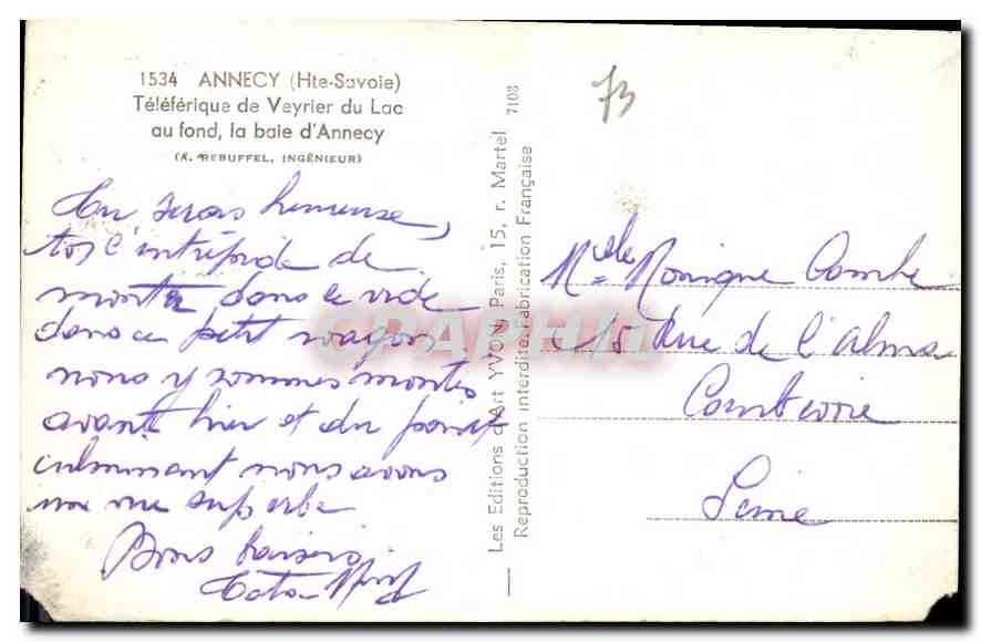CPA Annecy Hte Savoie Teleferique de Veyrier du Lac au fond la baie d'Annecy — Rückseite
