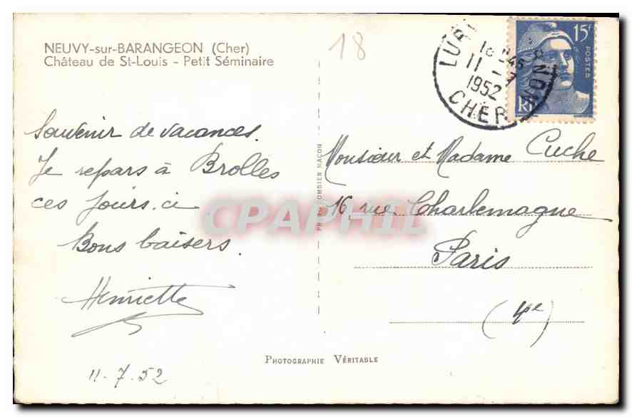 CPA Neuvy sur Barangeon Cher Chateau de St Louis Petit Seminaire  — Rückseite