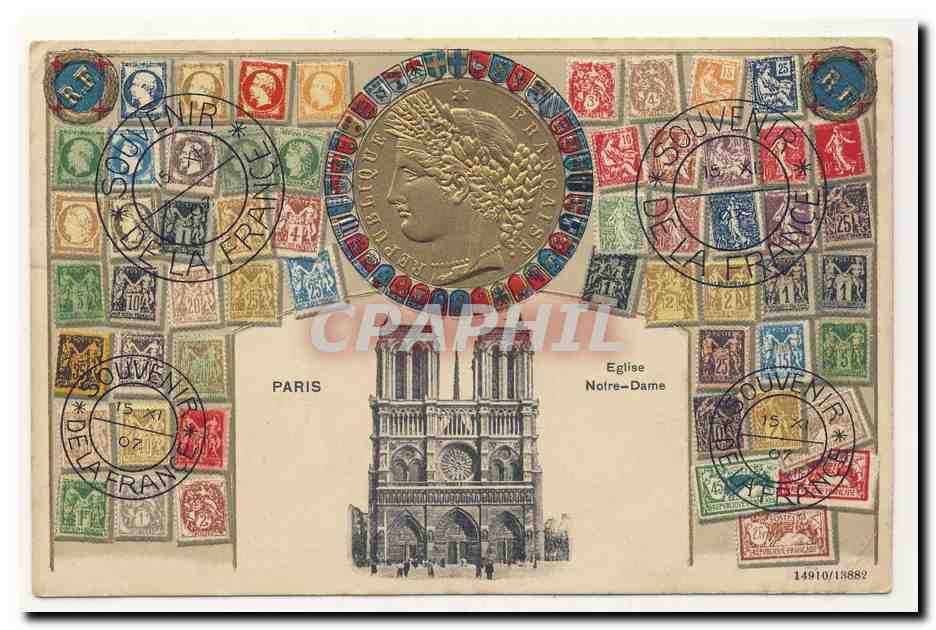 souvenir de la france Paris eglise notre dame monnaie blasons timbres fantaisie TOP CPA