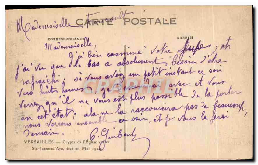 CPA Versailles Crypte de l'Eglise veuve Ste Jeanne d'Arc etat en Mai 1924  — Verso