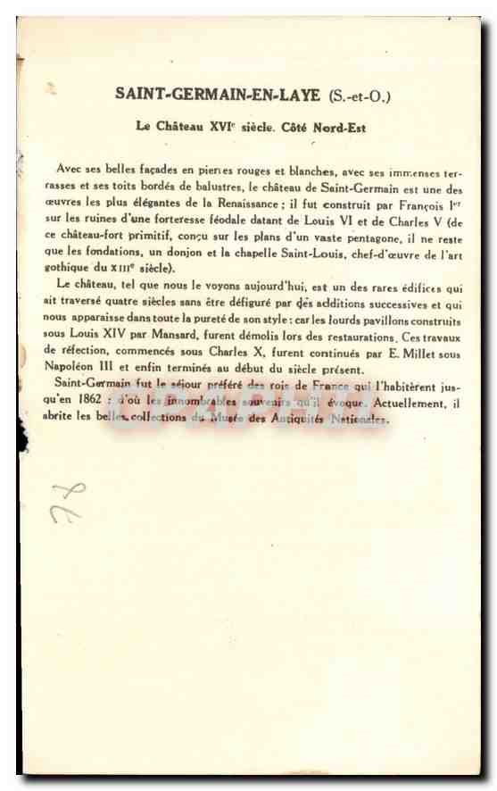 CPA Saint Germain Seine & Oise Le Chateau XVI Cote Nord Est  — Verso