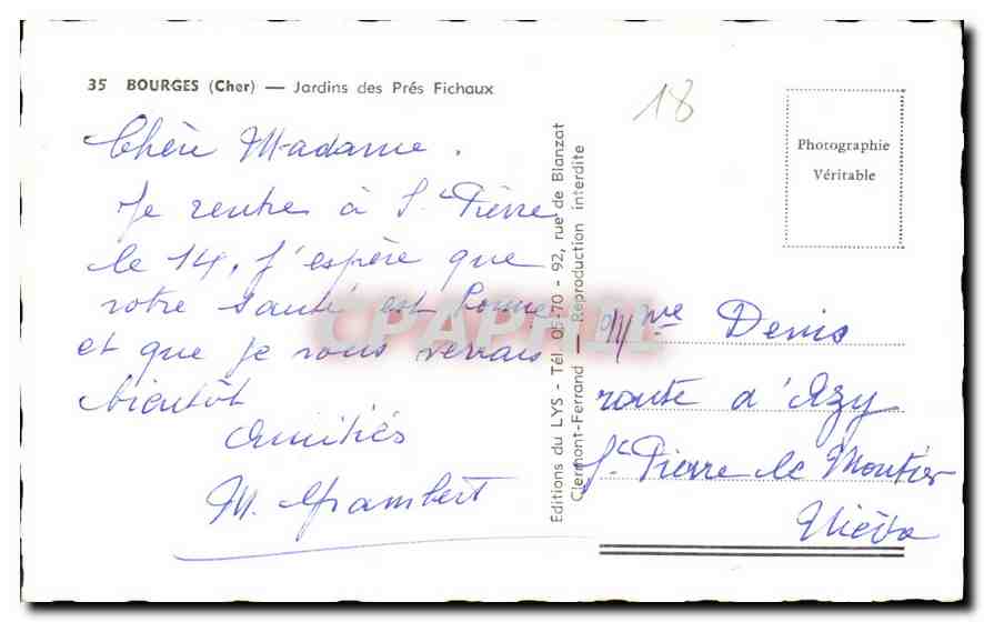 CPA Bourges Cher Jardins des Pres Fichaux  — Rückseite