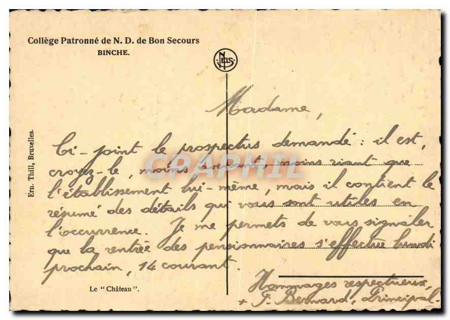 CPA College Patronne de ND de Bon Secours Binche  — Verso
