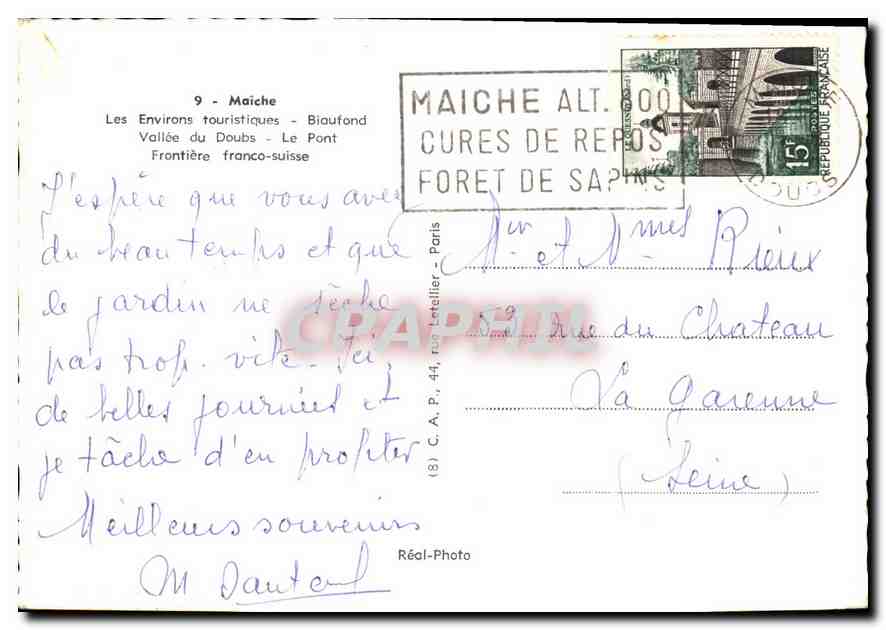 CPM Maiche Les Environs Touristiques Biaufond Vallee du Doubs Le Pont Frontiere Franco Suisse  — Rückseite