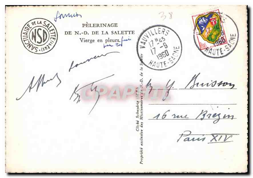 Vierge en pleurs — Sanctuaire de Notre-Dame de la Salette — NSD, Vauvillers, 1960 — Verso