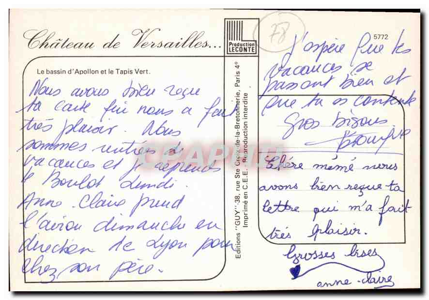 CPM Chateau de Versailles Le Bassin d'Apollon et le Tapis Vert  — Verso