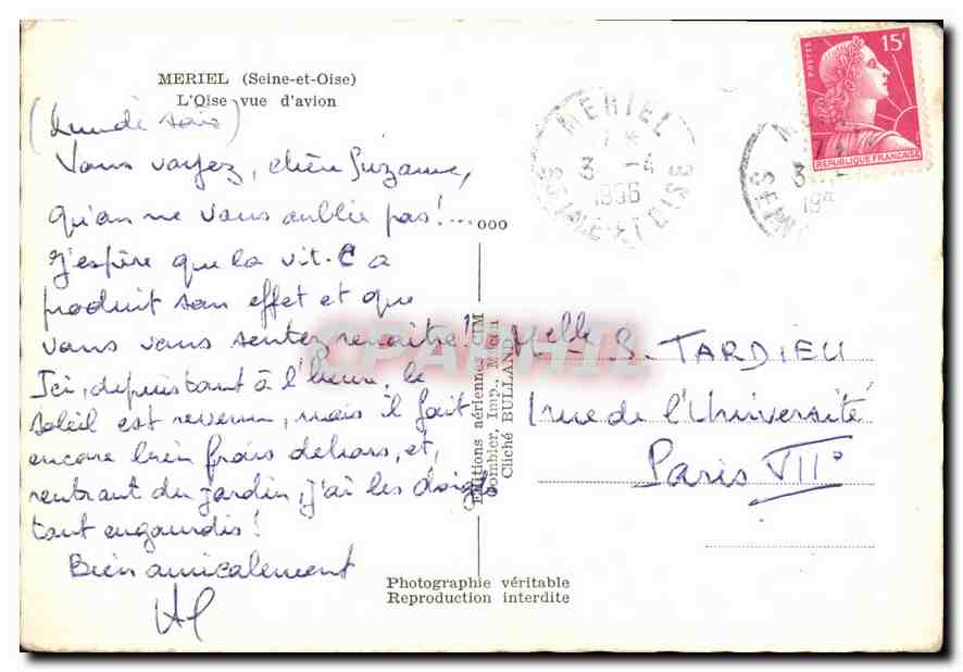 CPM Meriel Seine et Oise L'Oise vue d'Avion  — Rückseite