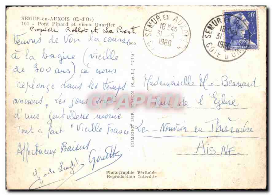 CPM Semur en Auxois C d'Or Pont Pinard et vieux Quartier  — Rückseite