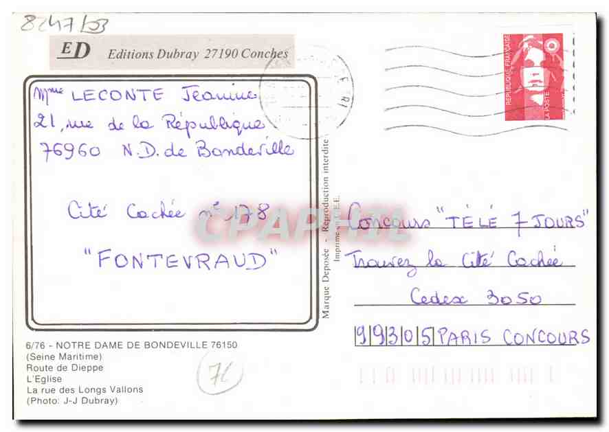 CPM Notre Dame de Bondeville Seine Maritime Route de Dieppe L'Eglise La rue des Longs Vallons  — Rückseite