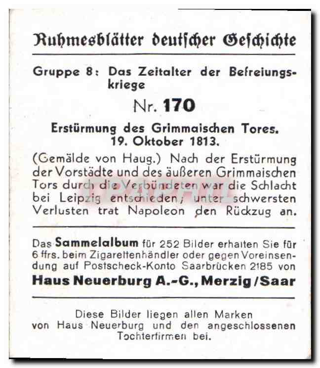 Image Ruhmesblatter deutfcher Oefdhidhte Grouppe 8 das Zeitalter der Befreiungs Kriege Nr 170 Esturm — Rückseite