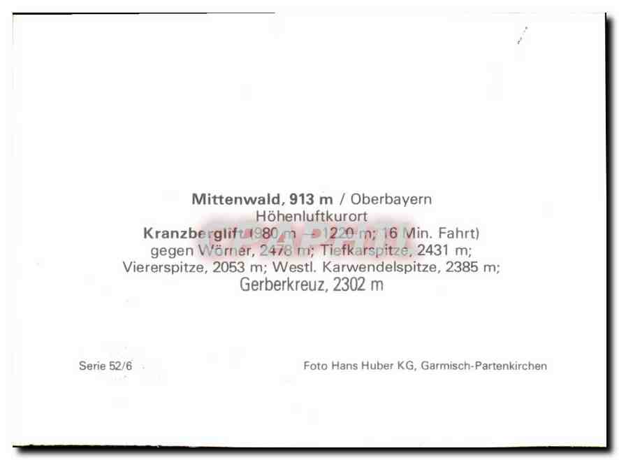 CPA Mittenwald 913 m Oberbayern Hohenluftkurort Kranzberglift Gegen Worner Tiefkarspitze Viererspitz — Rückseite