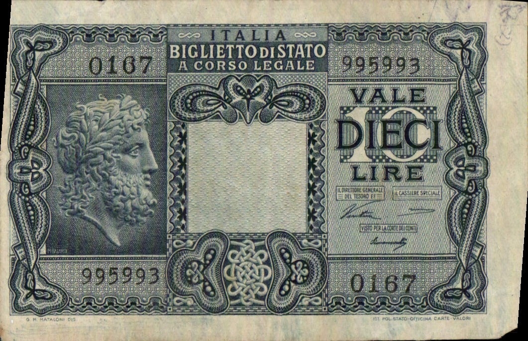 CPA Italia Biglietto di stato a Corso Legale Vale Dieci Lire 
