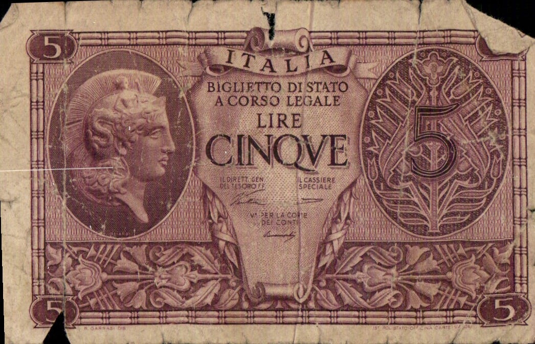 CPA Italia Biglietto di stato a Corso Legale Lire Cinqve 