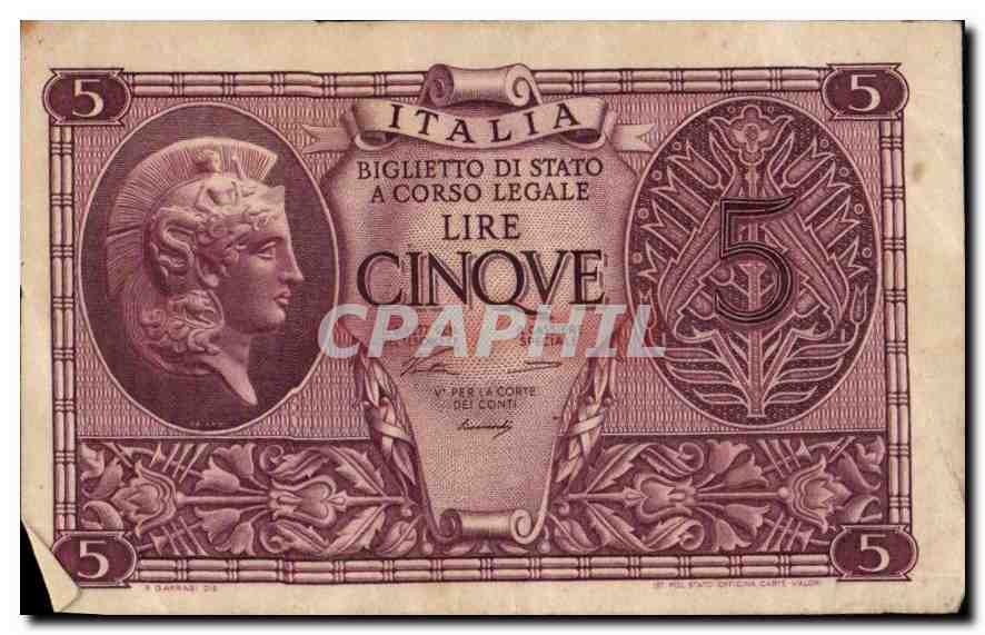 CPA Italia Biglietto di stato a Corso Legale Lire Cinqve  — Back