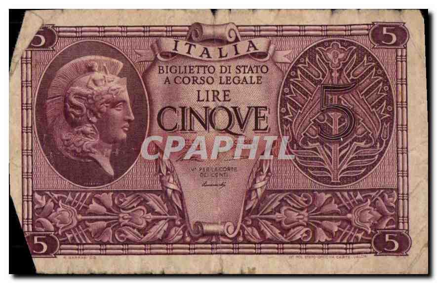 CPA Italia Biglietto di stato a Corso Legale Lire Cinqve 