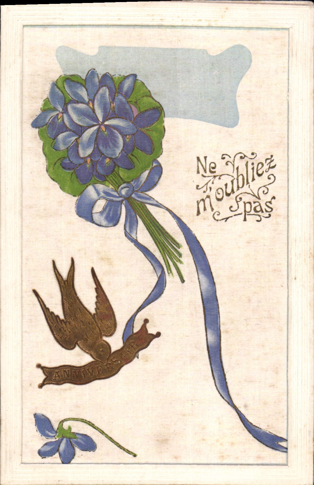 Bouquet de violettes et oiseau — Anniversaire — Carte postale multilingue