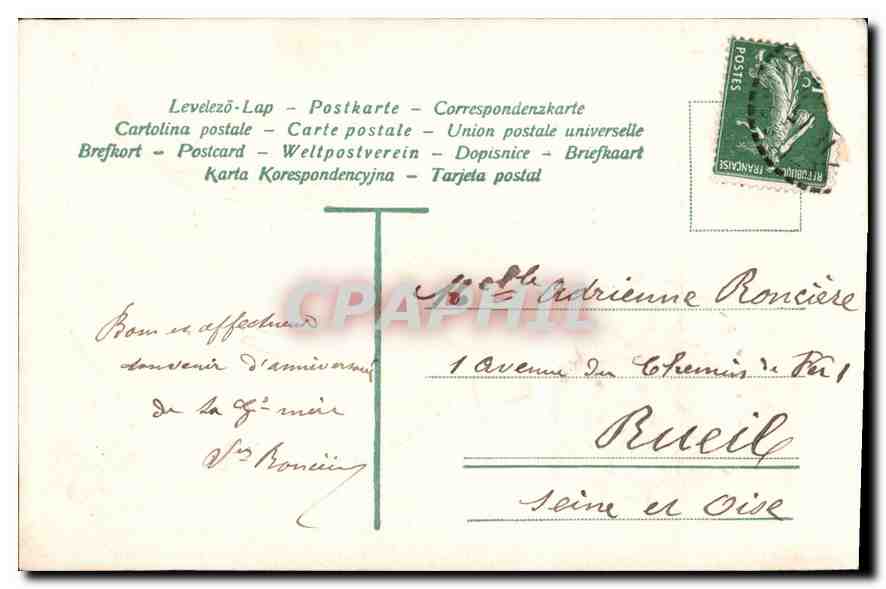 Bouquet de violettes et oiseau — Anniversaire — Carte postale multilingue — Rückseite