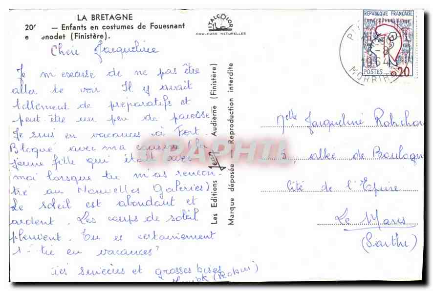 CPM La Bretagne Enfants en costumes de Fouesnant Finistere  — Rückseite