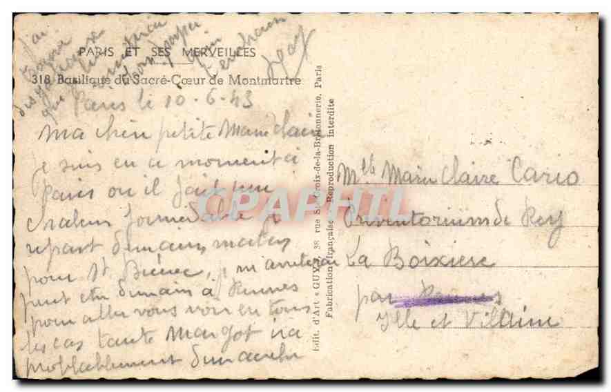 CPA Paris et ses Merveilles Basilique du Sacre Coeur de Montmartre  — Rückseite