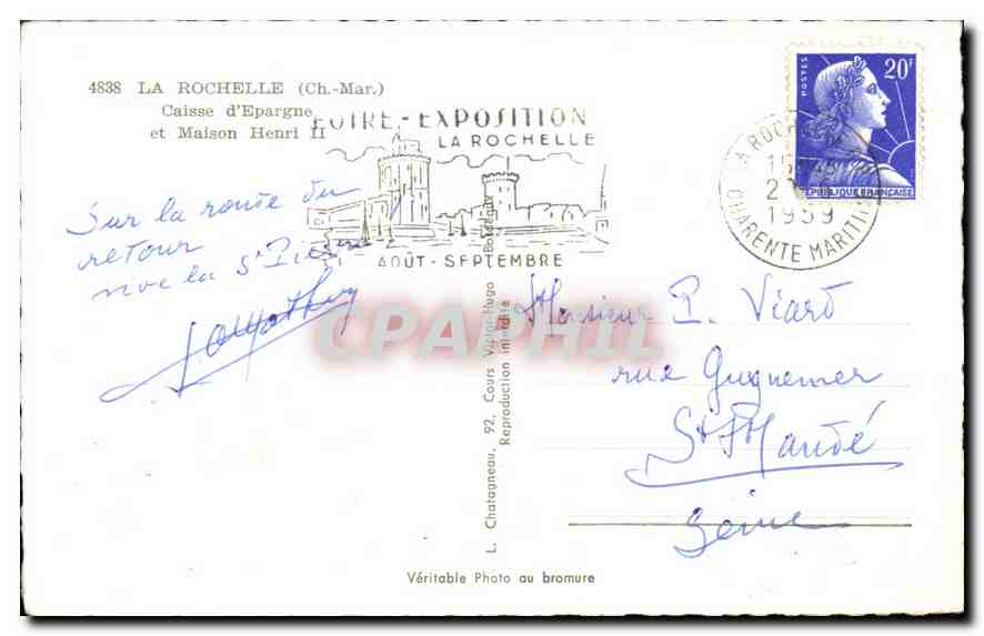 CPA La Rochelle Ch Mar Caisse d'Epargne et Maison Henri II  — Verso