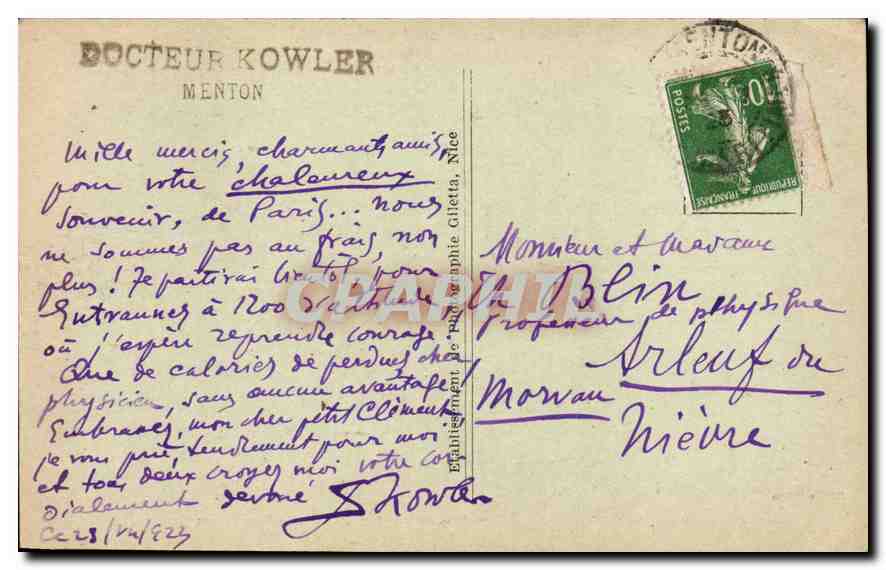 CPA Menton vue prise entre les Fleurs Garavan  — Rückseite
