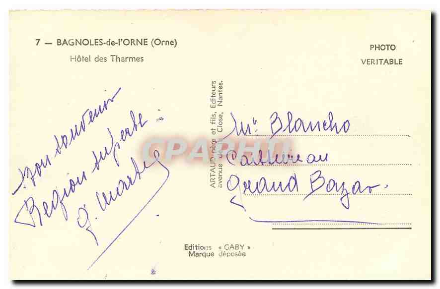 CPA Bagnoles de l'Orne Orne Hotel des Thermes  — Rückseite