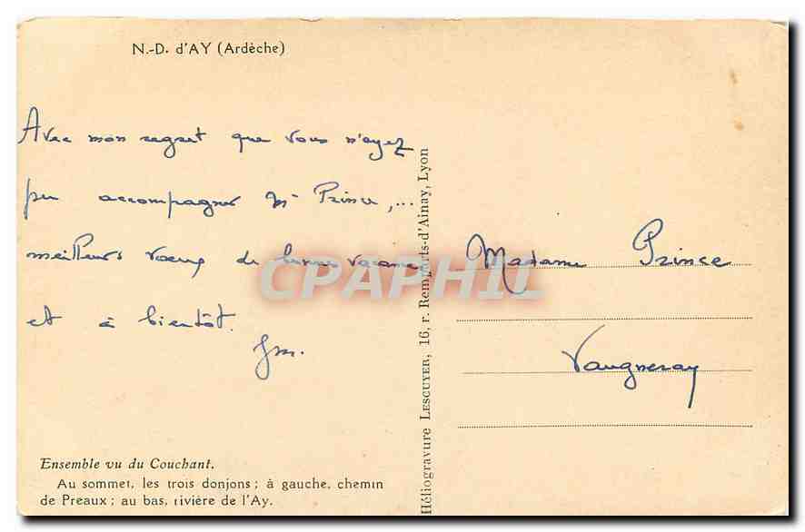 CPA N D d'Ay Ardeche Ensemble vu du Couchant Au sommet les trois donjons a gauche chemin de Preaux a — Rückseite