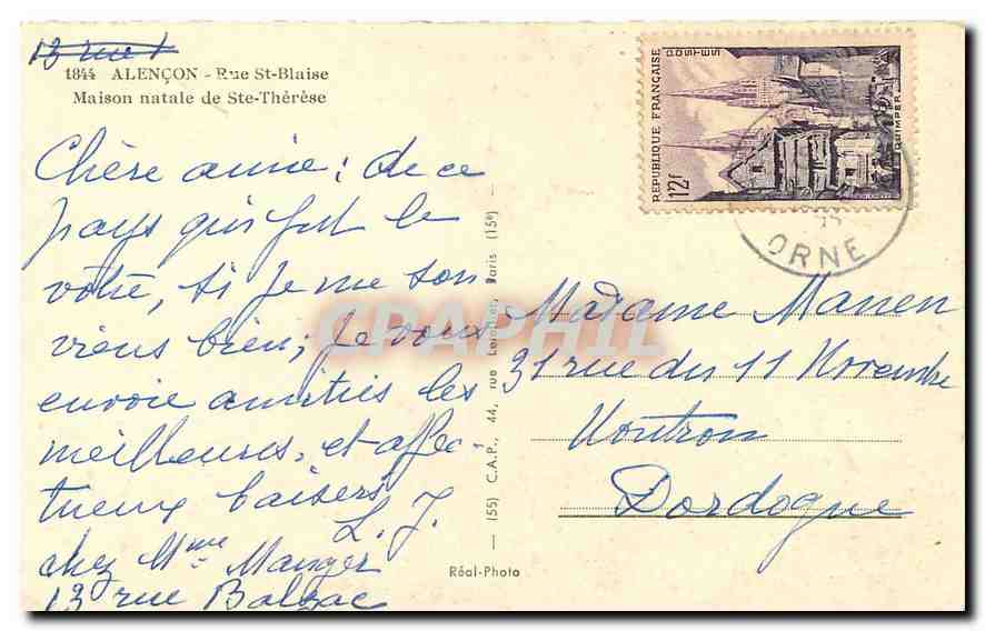 CPA Alencon Rue saint Blaise Maison au naquit Soeur Therese  — Rückseite