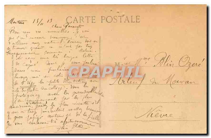CPA Vue a vol d'aeroplane de Monaco a San Remo  — Verso