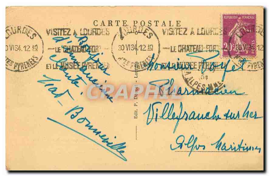 CPA Lourdes Hotel du Gave Avenue Peyramale  — Verso