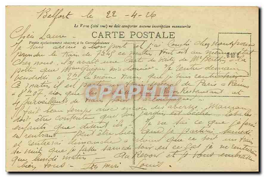 CPA Belfort Le Chateau et le Lion  — Verso