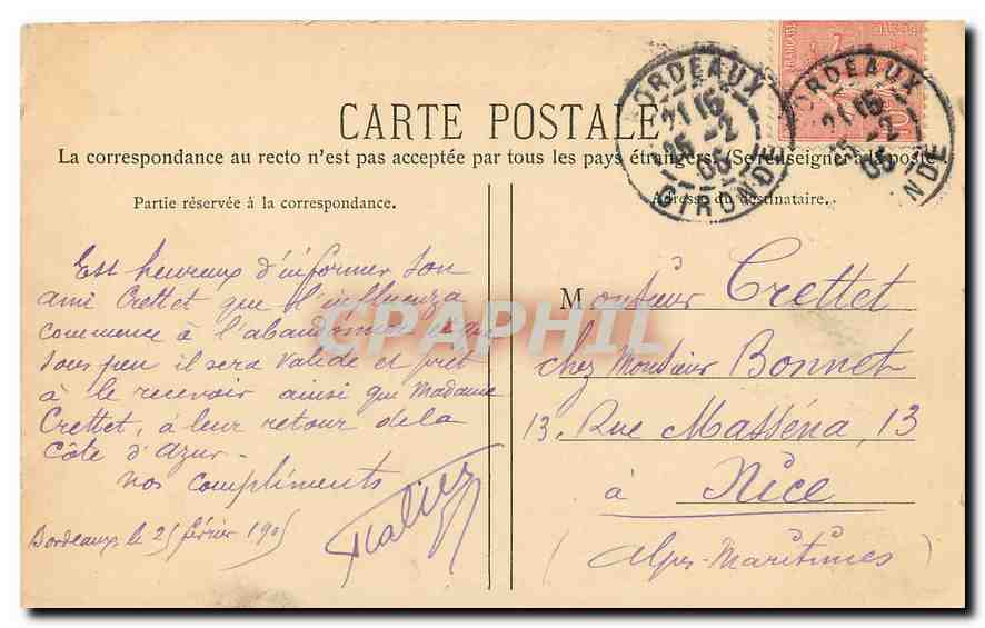 CPA Bordeaux Le Grand Theatre Tramway — Verso