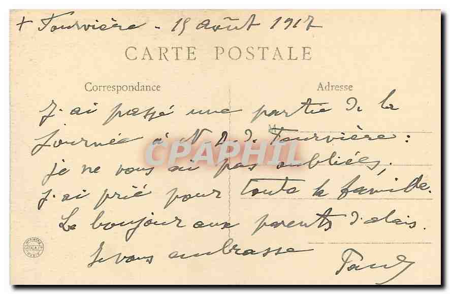 CPA Lyon Notre Damr de Fourviere  — Verso