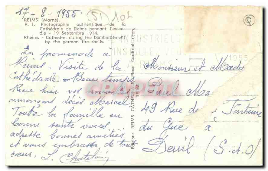 CPA Reims Marne Photographie authentique de la Cathedrale de Reims pendant l'incendie 19 septembre 1 — Verso