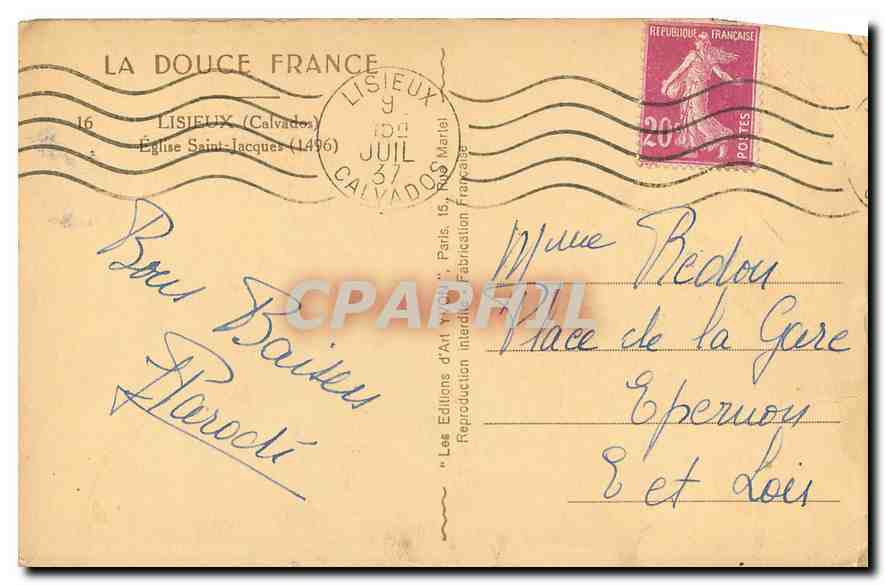 CPA La Douce France Lisieux Calvados Eglise Saint Jacques — Rückseite