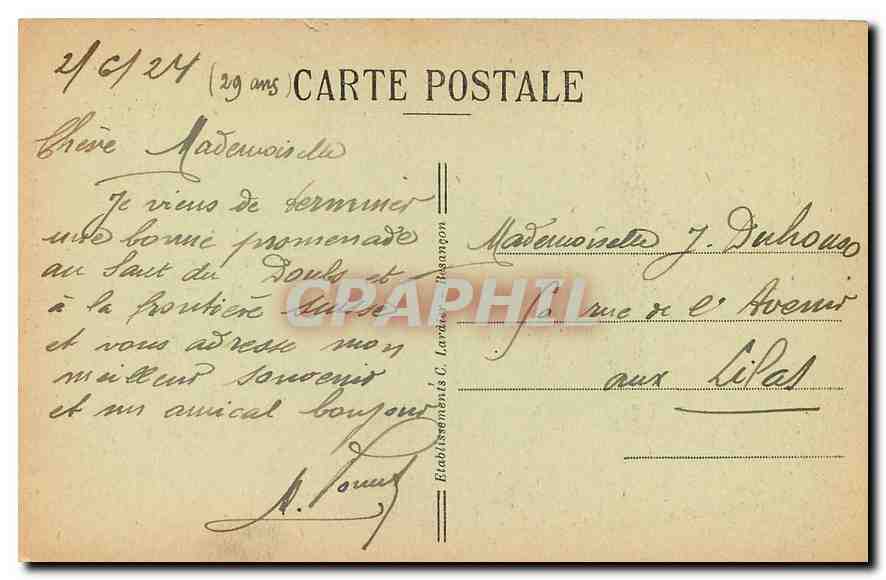 Les Rapides du DOUBS après la Chute — Frontière Franco-Suisse — C.L.B. n° 836 — Verso