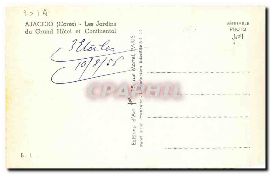 CPA Ajaccio Corse Les Jardins du Grand Hotel et Continental  — Rückseite