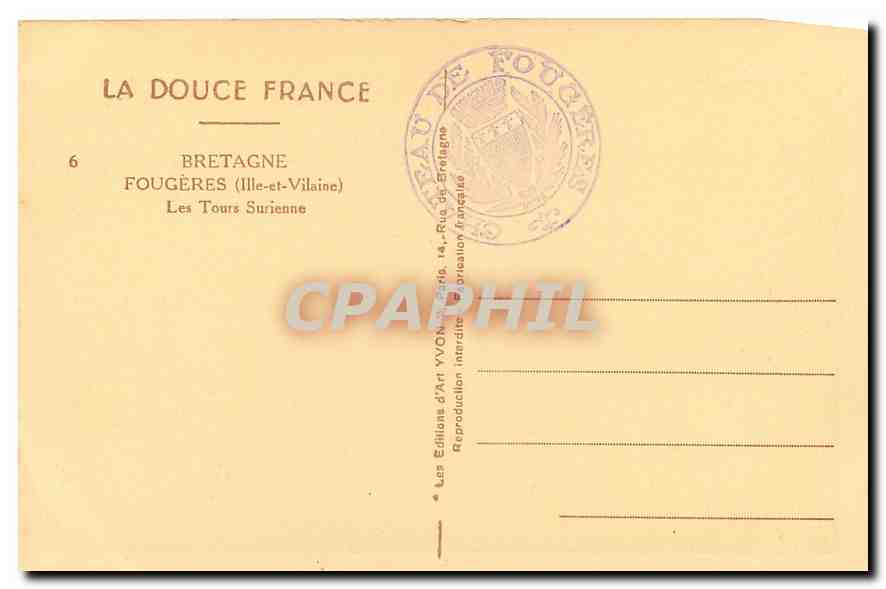 Fougères — Les Tours Suriennes — Éditions d'Art YVDON — Rückseite