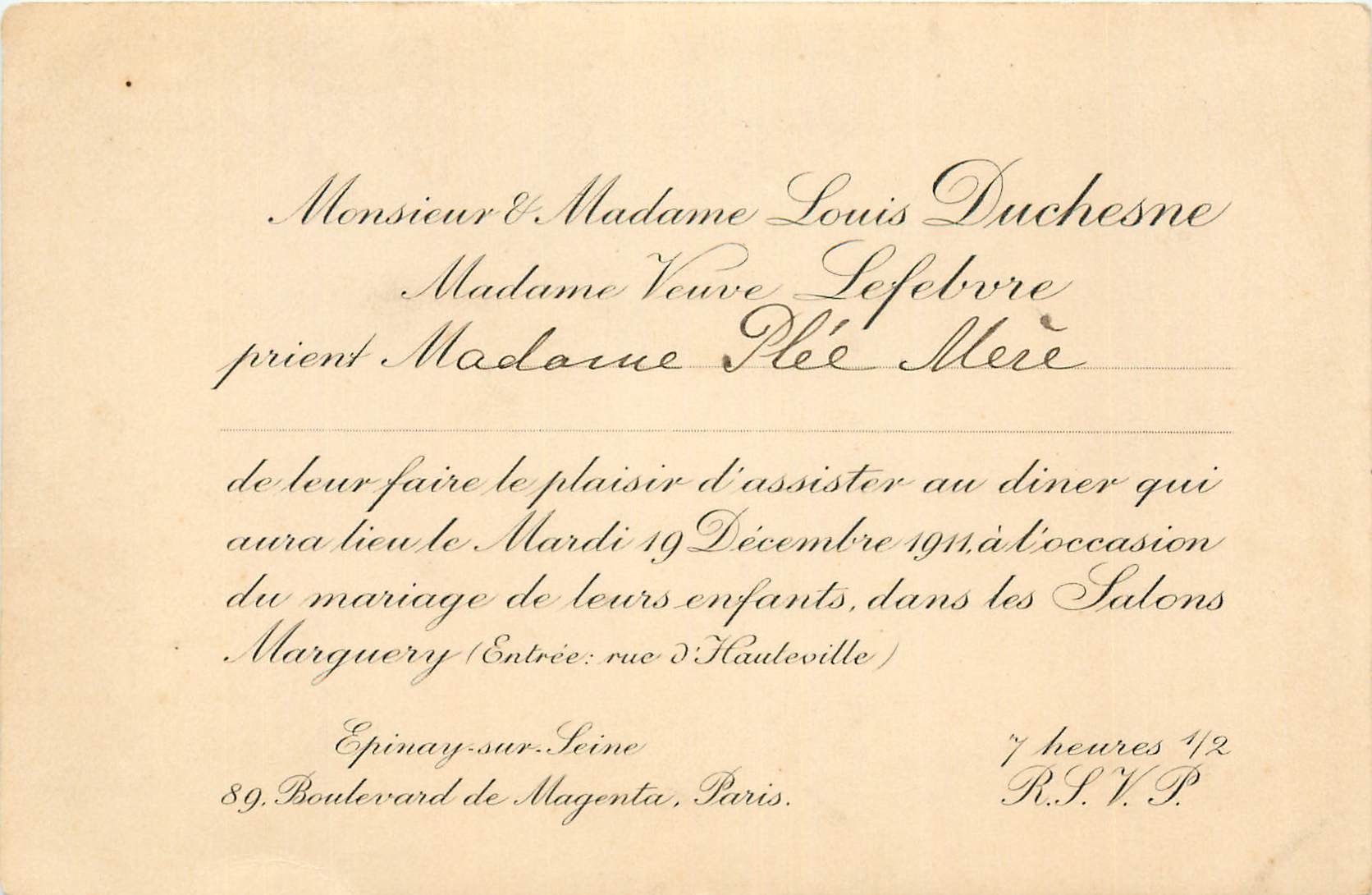 Carton d'invitation Louis Duchesne Diner Salons Marguery Epinay sur Seine Boulevard de Magenta Paris