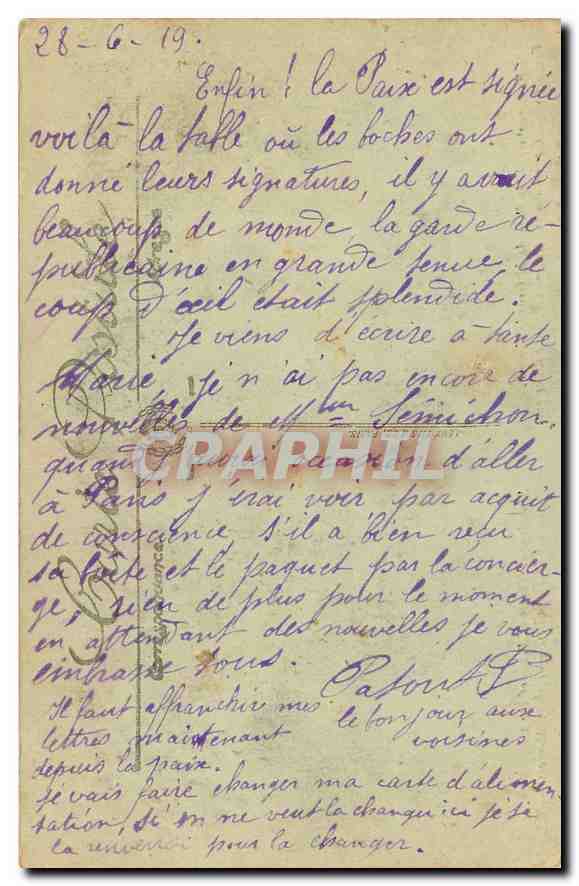 CPA La Signature de la Paix de la Grande Guerre Versailles galerie de Glaces la table historique  — Rückseite