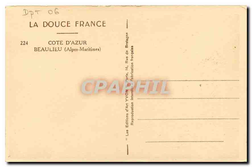 CPA La Douce France Cote d'Azur Beaulieu Alpes Maritimes  — Back