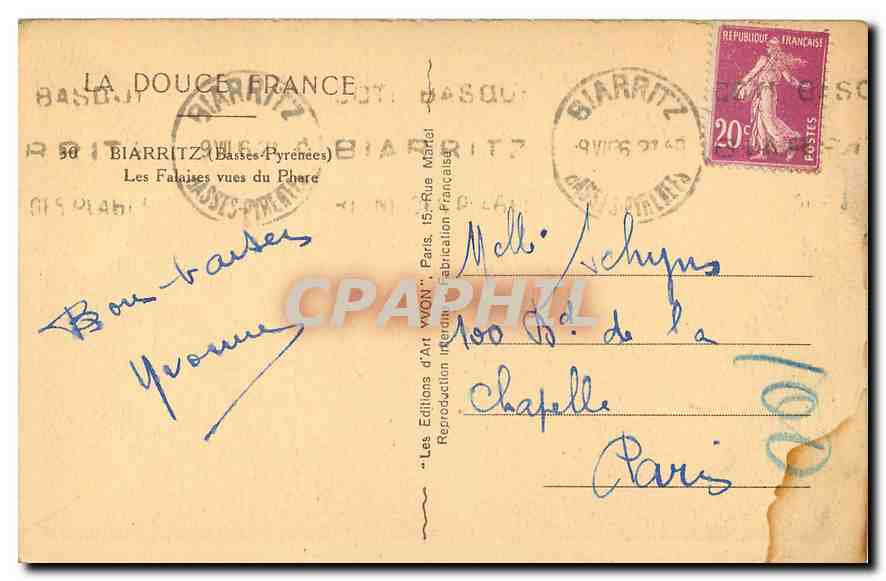 CPA La Douce France Biarritz Basses Pyreneees les Falaises vues du Phare  — Rückseite