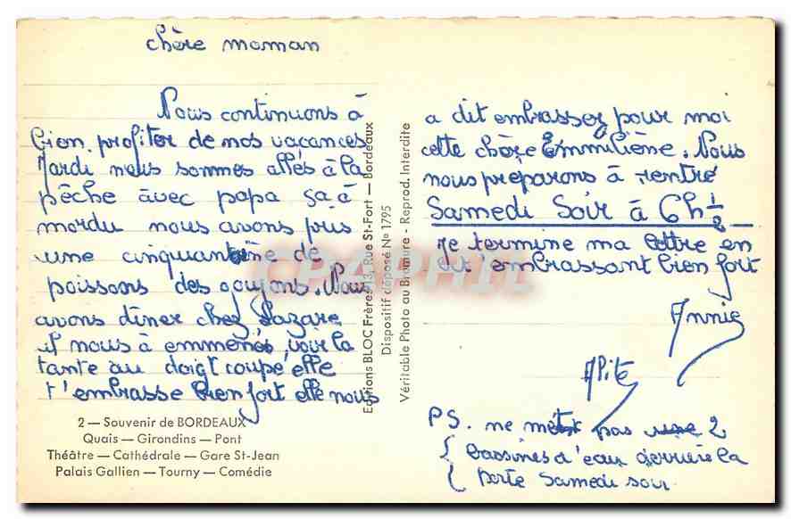 CPA Souvenir de Bordeaux quais girondins pont theatre cathedrale gare St Jean palais gallien tourny  — Verso