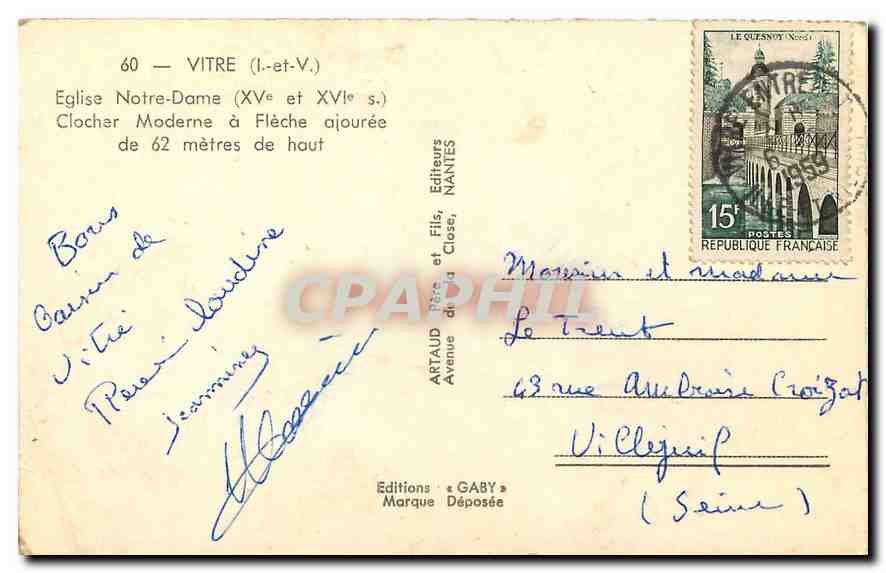CPA Vitre I et V Eglise Notre Dame clocher moderne a fleche  — Rückseite