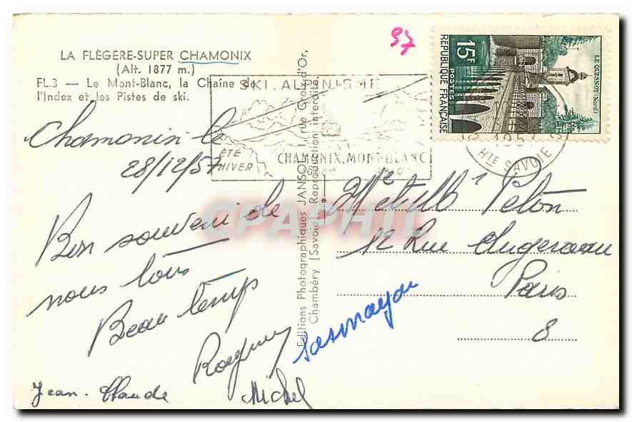 CPA La Flegere super Chamonix le Mont Blanc la chaine de l'Index et les Pistes de ski  — Verso