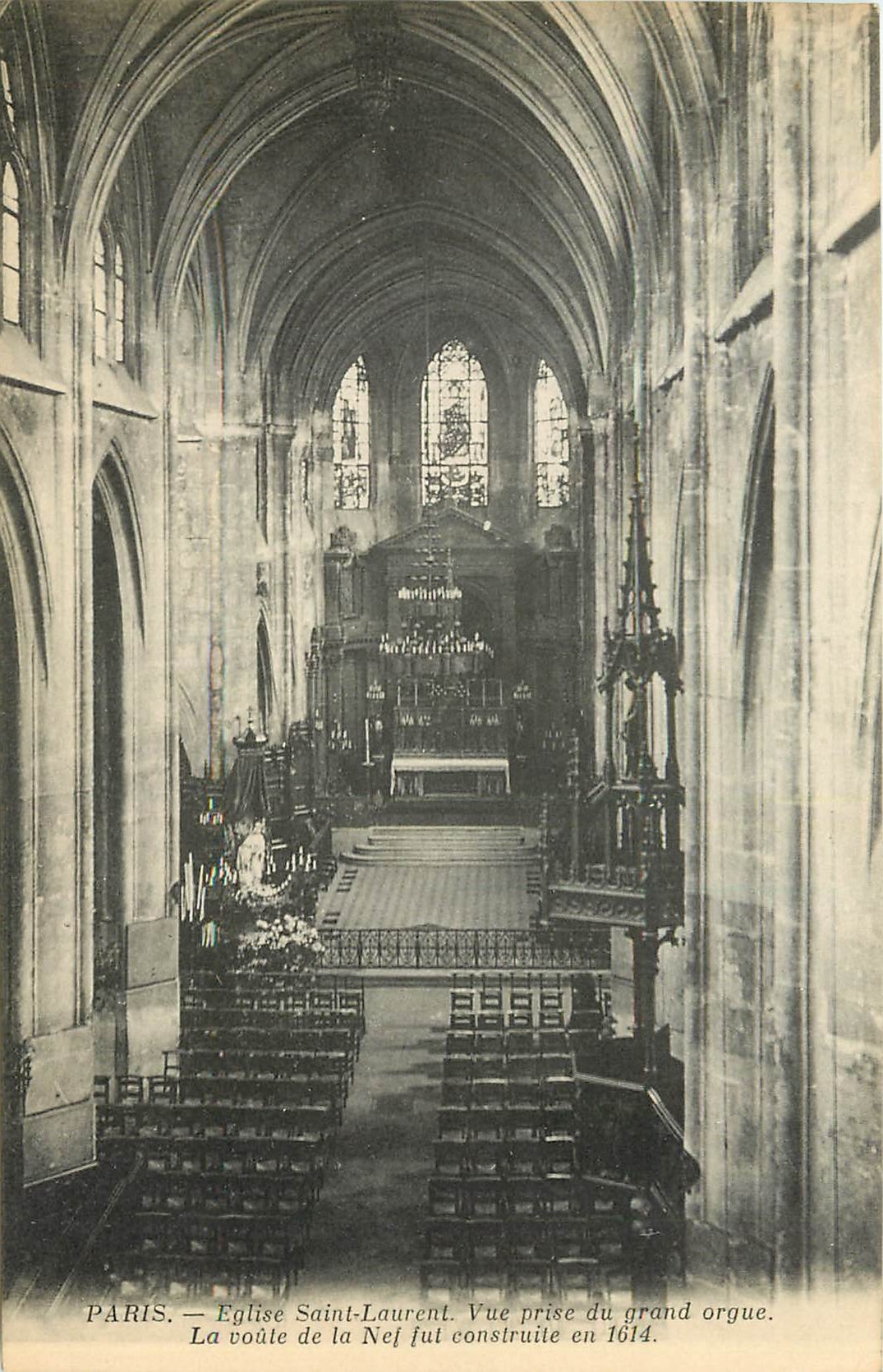 CPA Paris Eglise Saint Larent vue prise du Grand Orgue la Coute de la Nef fut construite en 1614 
