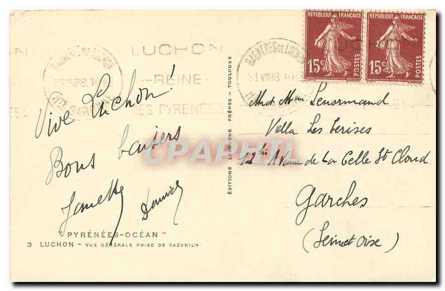 CPA Pyrenees Ocean Luchon vue generale prise de Cazaril  — Rückseite