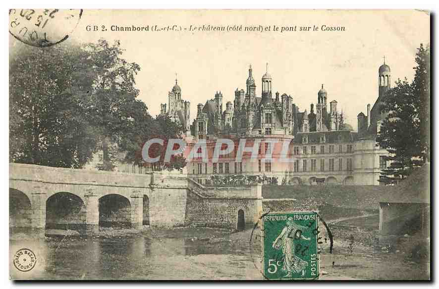 Chambord (Loir-et-Cher) — Das Schloss (Nordside) und die Brücke über den Cosson — G B 2